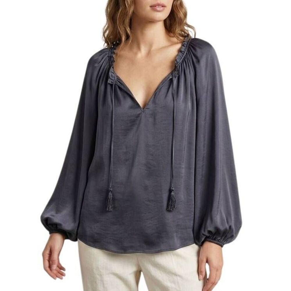 Guess by Marciano Dark Navy Blue Eva tassel ruched neck poet sleeve blouse M